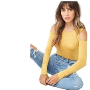 Mustard Yellow Long Sleeve Open Shoulder Top Shirt Small